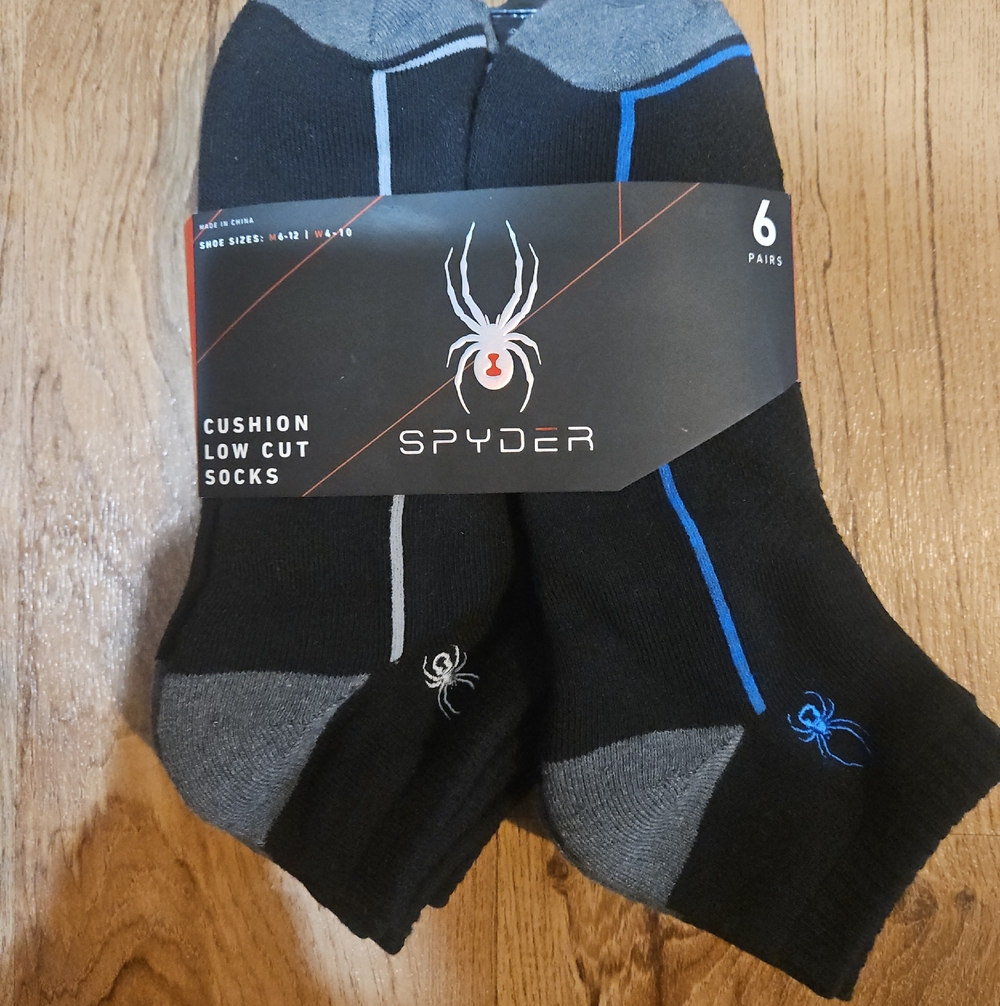 Spyder Black Low-Cut Athletic Socks with Blue and Gray Accents - 6 Pack